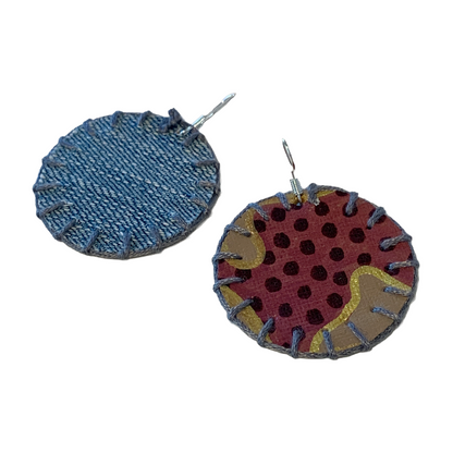 MUM’A NAI | 'Midi Bling – Salome Within #1' | Upcycled denim and acrylic on canvas with grey cotton embroidery and sterling silver hooks