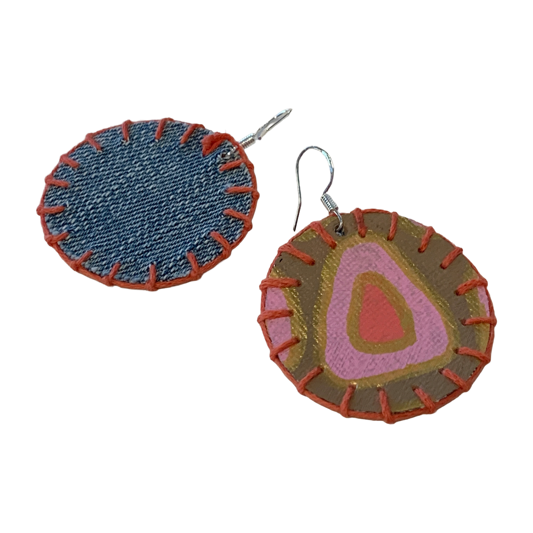 MUM’A NAI | 'Midi Bling – Salome Within #2' | Upcycled denim and acrylic on canvas with orange cotton embroidery and sterling silver hooks