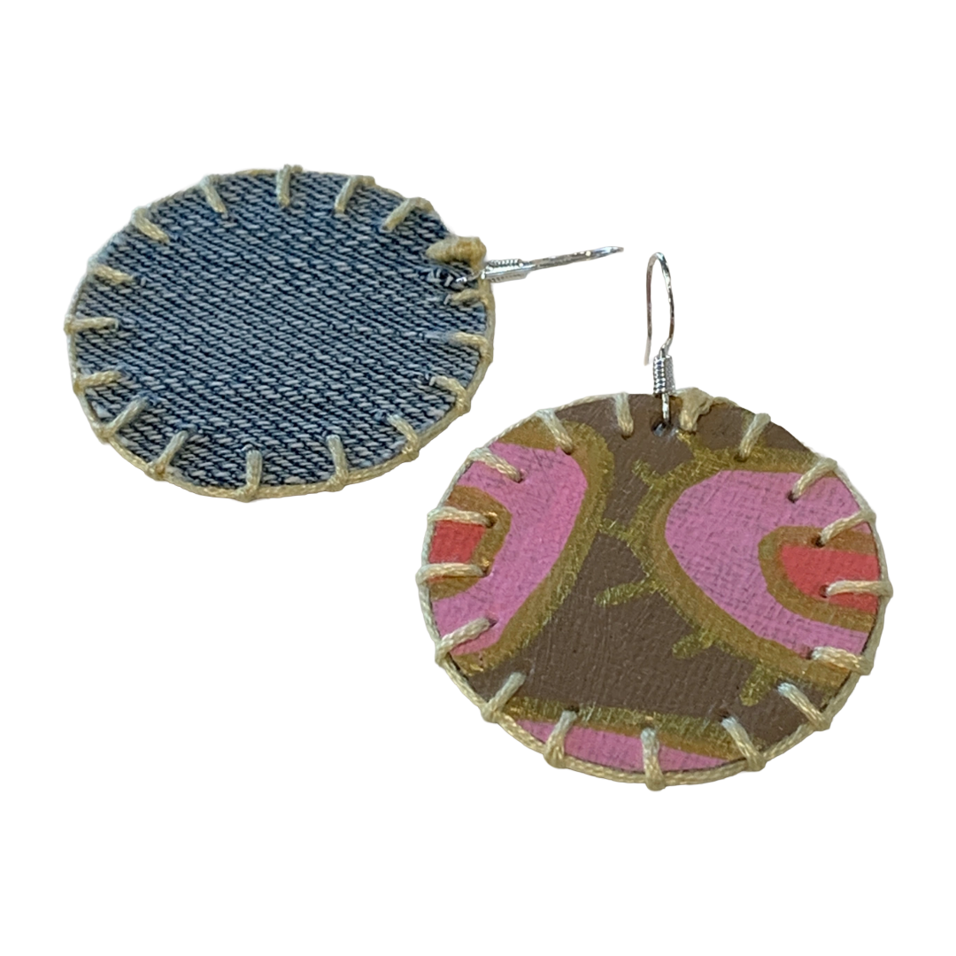 MUM’A NAI | 'Midi Bling – Salome Within #5' | Upcycled denim and acrylic on canvas with yellow cotton embroidery and sterling silver hooks