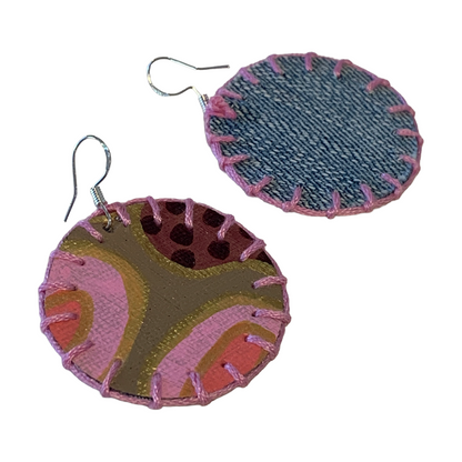 MUM’A NAI | 'Midi Bling – Salome Within #6' | Upcycled denim and acrylic on canvas with pink cotton embroidery and sterling silver hooks