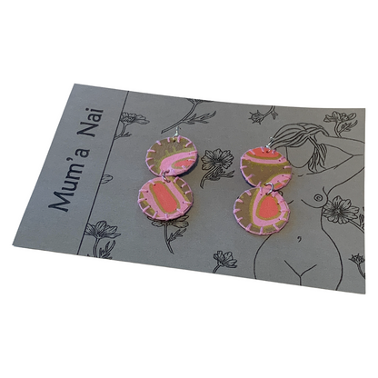 MUM’A NAI | 'Two’s Trouble – Salome Within #3' | Upcycled denim and acrylic on canvas with pink cotton embroidery and sterling silver hooks