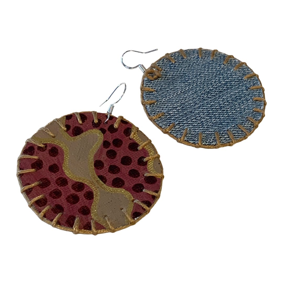 MUM’A NAI | 'Adored Discoid – Salome Within #1' | Upcycled denim and acrylic on canvas with gold cotton embroidery and sterling silver hooks