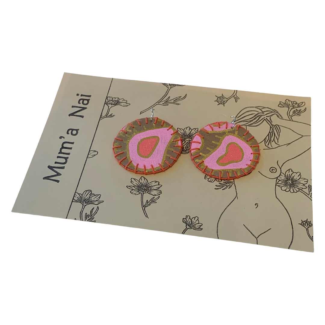 MUM’A NAI | 'Adored Discoid – Salome Within #3' | Upcycled denim and acrylic on canvas with orange cotton embroidery and sterling silver hooks