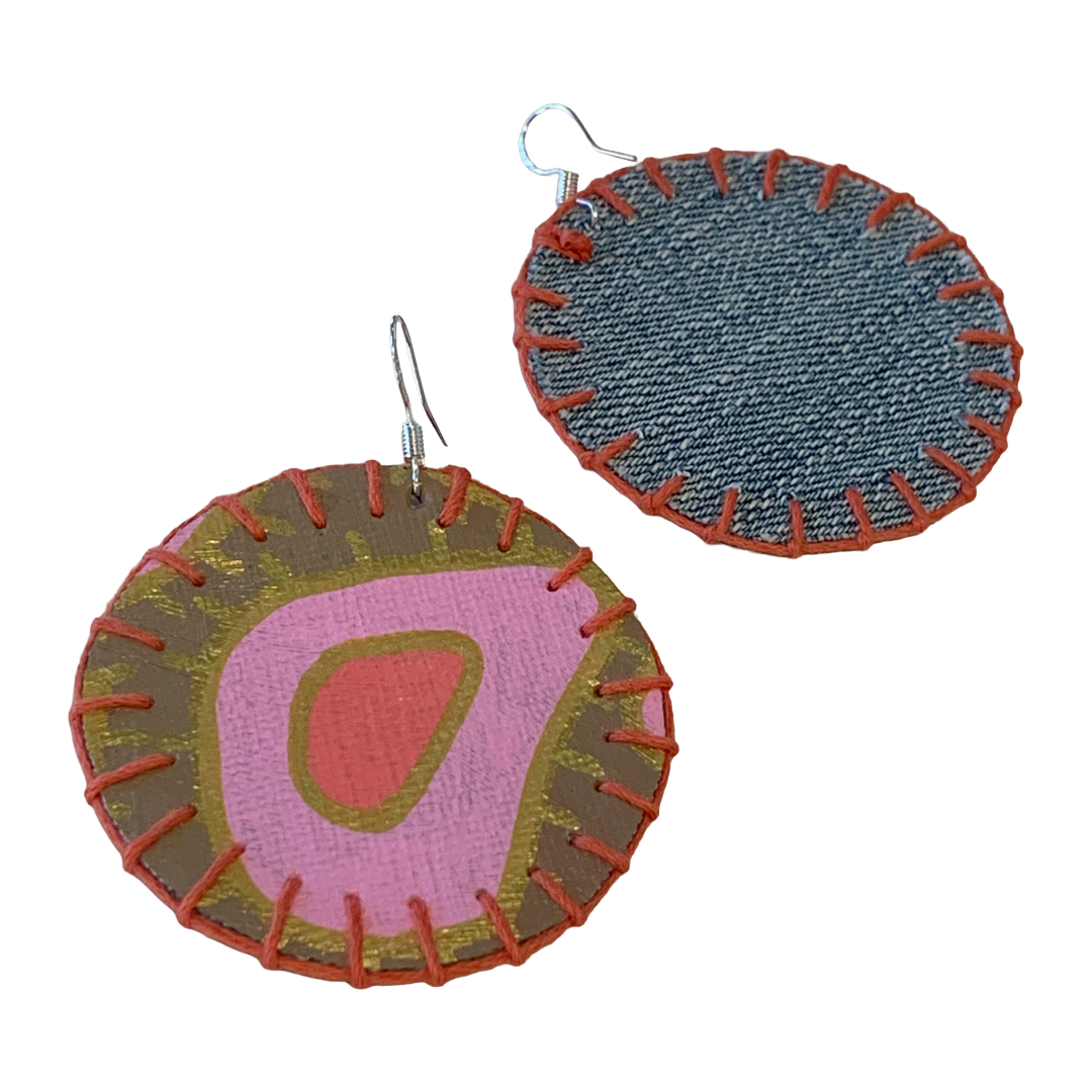 MUM’A NAI | 'Adored Discoid – Salome Within #3' | Upcycled denim and acrylic on canvas with orange cotton embroidery and sterling silver hooks