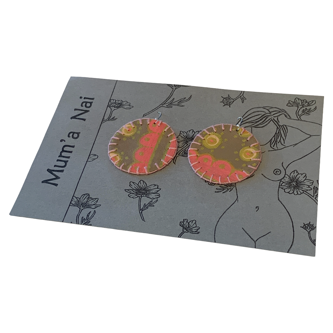 MUM’A NAI | 'Adored Discoid – Salome Within #4' | Upcycled denim and acrylic on canvas with baby pink cotton embroidery and sterling silver hooks