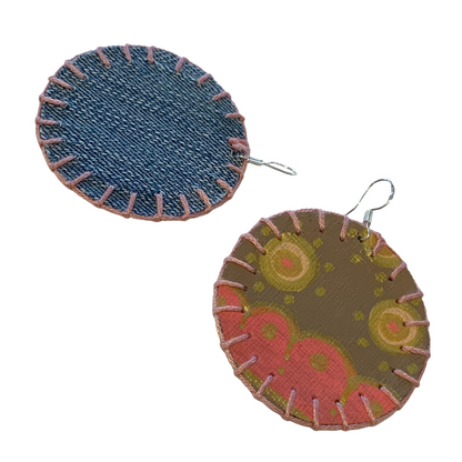 MUM’A NAI | 'Adored Discoid – Salome Within #4' | Upcycled denim and acrylic on canvas with baby pink cotton embroidery and sterling silver hooks