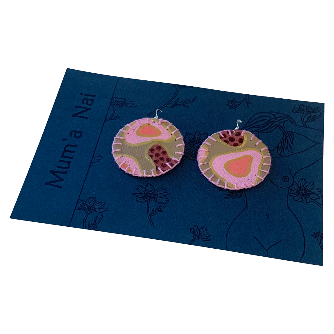 MUM’A NAI | 'Adored Discoid – Romance Me #6' | Upcycled denim and acrylic on canvas with pink cotton embroidery and sterling silver hooks