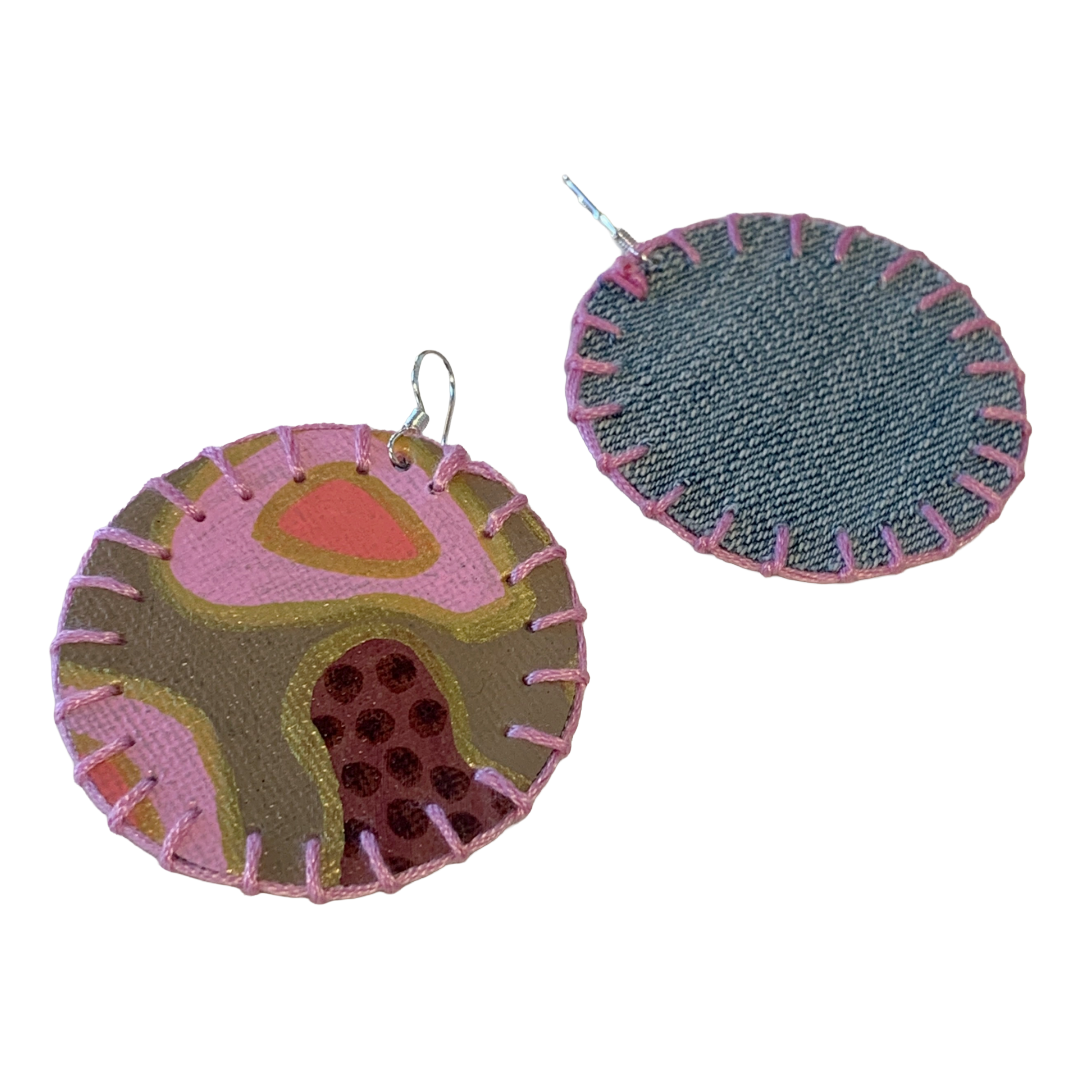 MUM’A NAI | 'Adored Discoid – Romance Me #6' | Upcycled denim and acrylic on canvas with pink cotton embroidery and sterling silver hooks