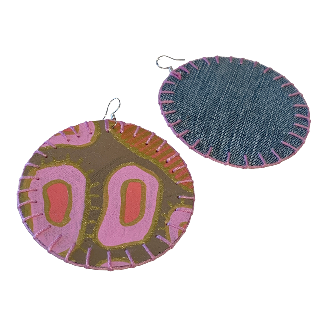 MUM’A NAI | 'Colossal Charms – Salome Within #2' | Upcycled denim and acrylic on canvas with pink cotton embroidery and sterling silver hooks