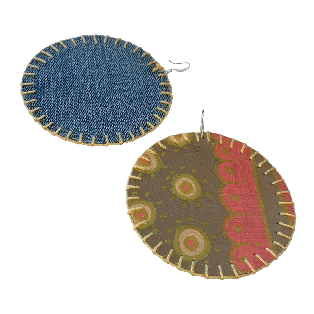 MUM’A NAI | 'Colossal Charms – Salome Within #4' | Upcycled denim and acrylic on canvas with yellow cotton embroidery and sterling silver hooks