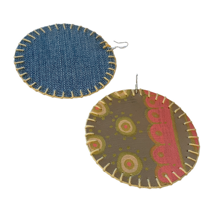 MUM’A NAI | 'Colossal Charms – Salome Within #4' | Upcycled denim and acrylic on canvas with yellow cotton embroidery and sterling silver hooks