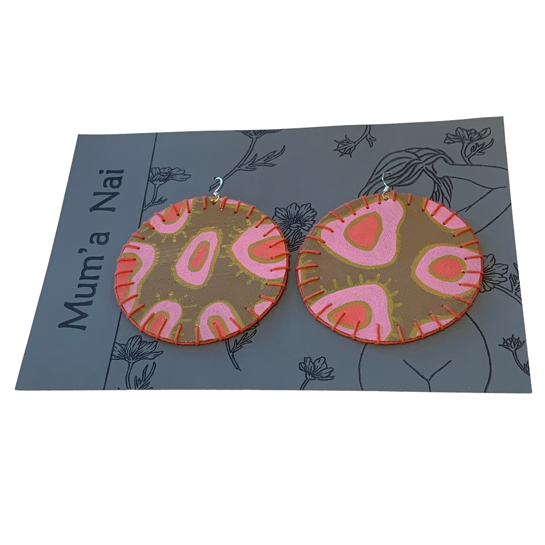 MUM’A NAI | 'Colossal Charms – Salome Within #5' | Upcycled denim and acrylic on canvas with orange cotton embroidery and sterling silver hooks