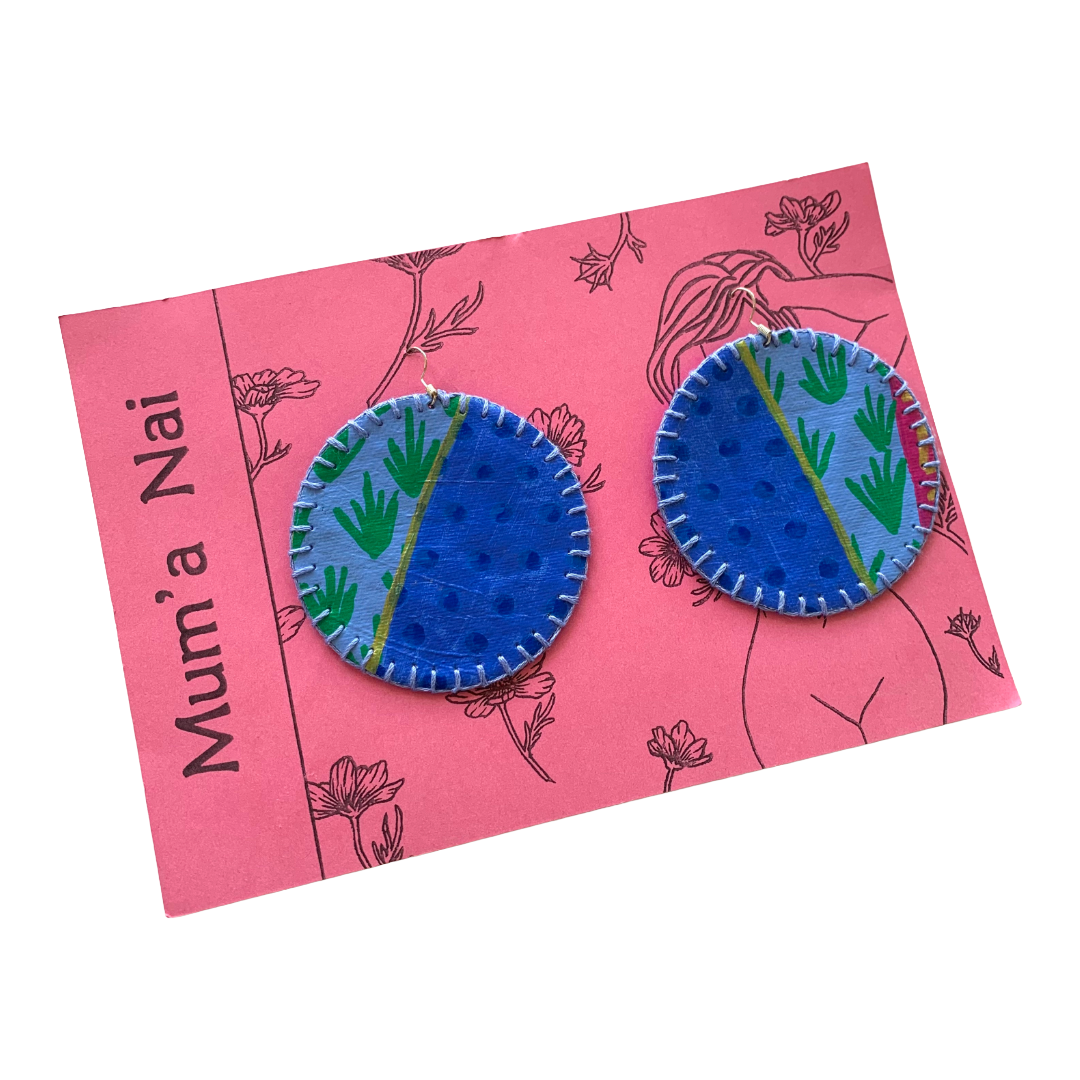 MUM’A NAI | ‘Colossal Charms – Colour Me Happy #6’ | Upcycled blue cotton material + acrylic on canvas