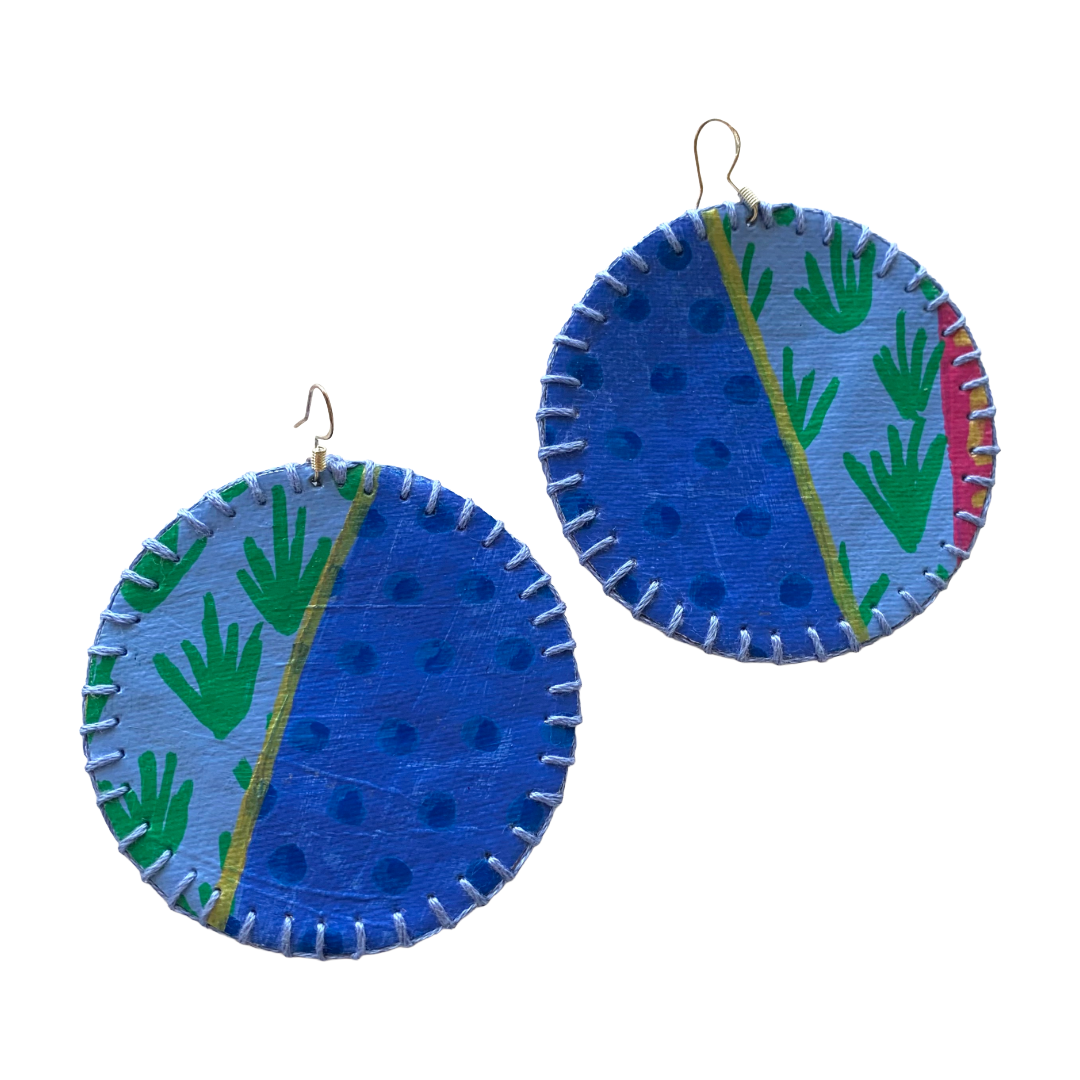 MUM’A NAI | ‘Colossal Charms – Colour Me Happy #6’ | Upcycled blue cotton material + acrylic on canvas