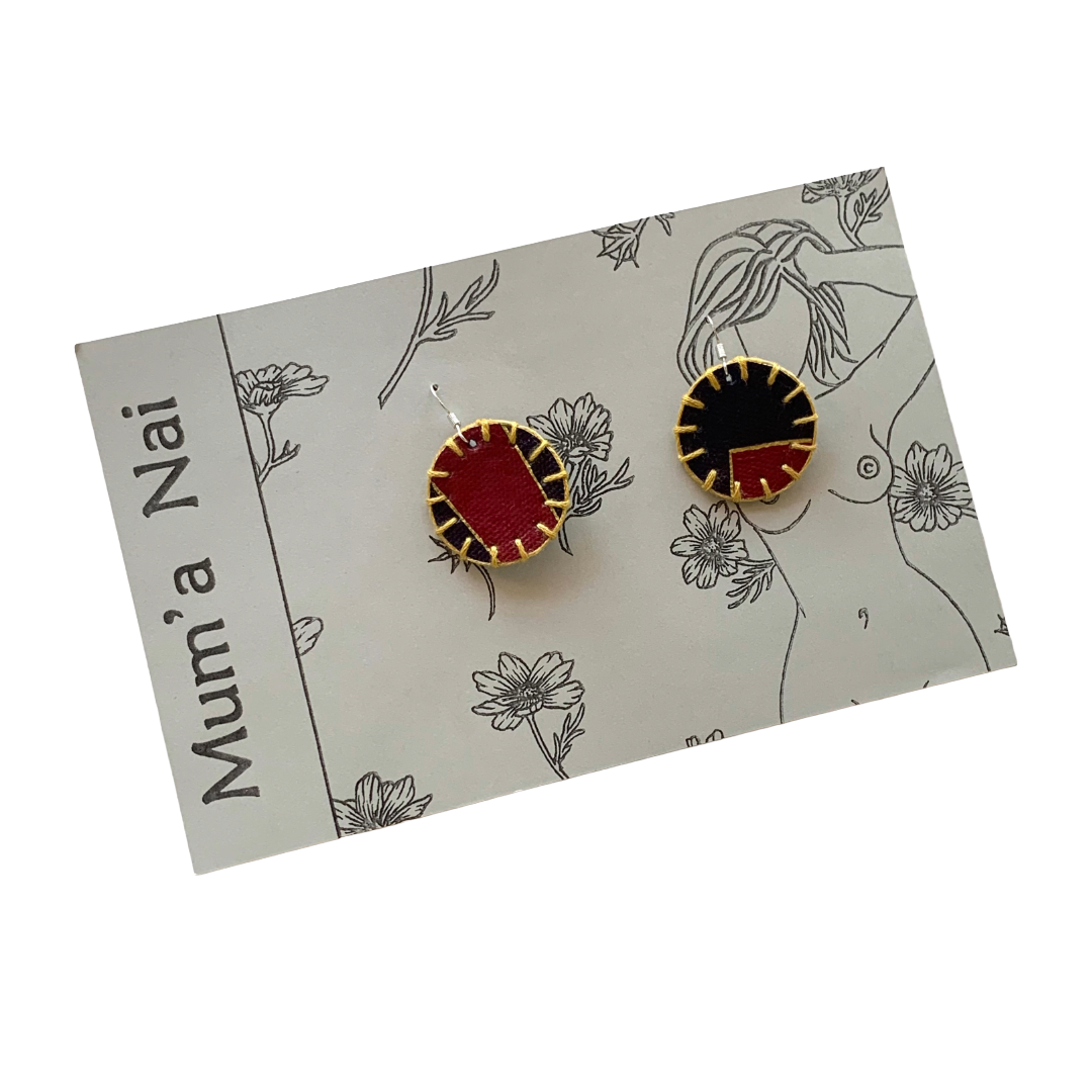 MUM’A NAI | ‘Mini Fun – Golden Love #1’ | Upcycled denim / screen-printed material / brown cotton embroidery / sterling silver hooks | 3.5 (d) cm