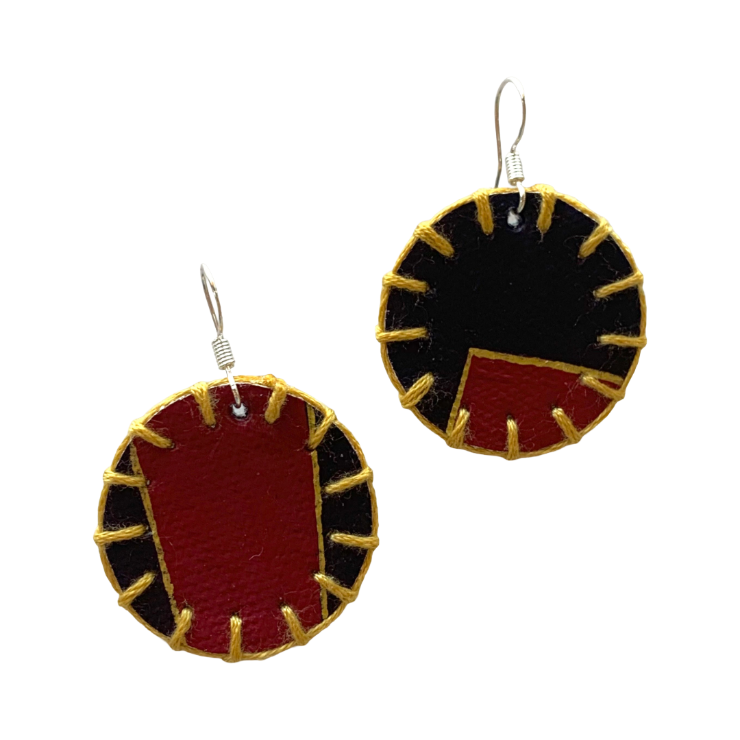 MUM’A NAI | ‘Mini Fun – Golden Love #1’ | Upcycled denim / screen-printed material / brown cotton embroidery / sterling silver hooks | 3.5 (d) cm