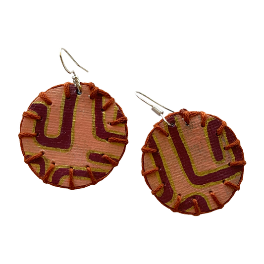 MUM’A NAI | ‘Mini Fun – Maze of Life #1’ | Upcycled blue cotton material / acrylic on canvas / brown cotton embroidery / sterling silver hooks | 3.5 (d) cm