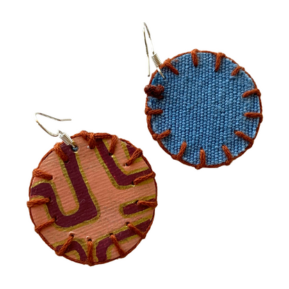 MUM’A NAI | ‘Mini Fun – Maze of Life #1’ | Upcycled blue cotton material / acrylic on canvas / brown cotton embroidery / sterling silver hooks | 3.5 (d) cm