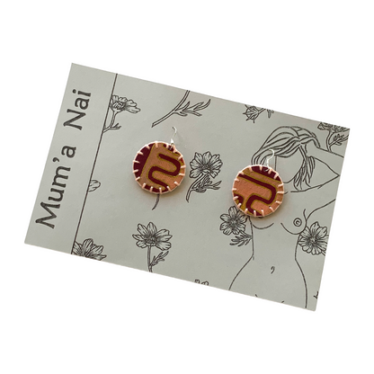 MUM’A NAI | | ‘Mini Fun – Maze of Life #2’ | Upcycled blue cotton material / acrylic on canvas / peach cotton embroidery / sterling silver hooks | 3.5 (d) cm