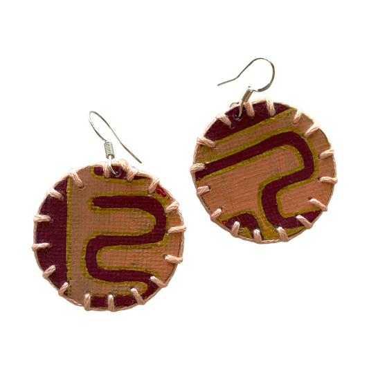 MUM’A NAI | | ‘Mini Fun – Maze of Life #2’ | Upcycled blue cotton material / acrylic on canvas / peach cotton embroidery / sterling silver hooks | 3.5 (d) cm