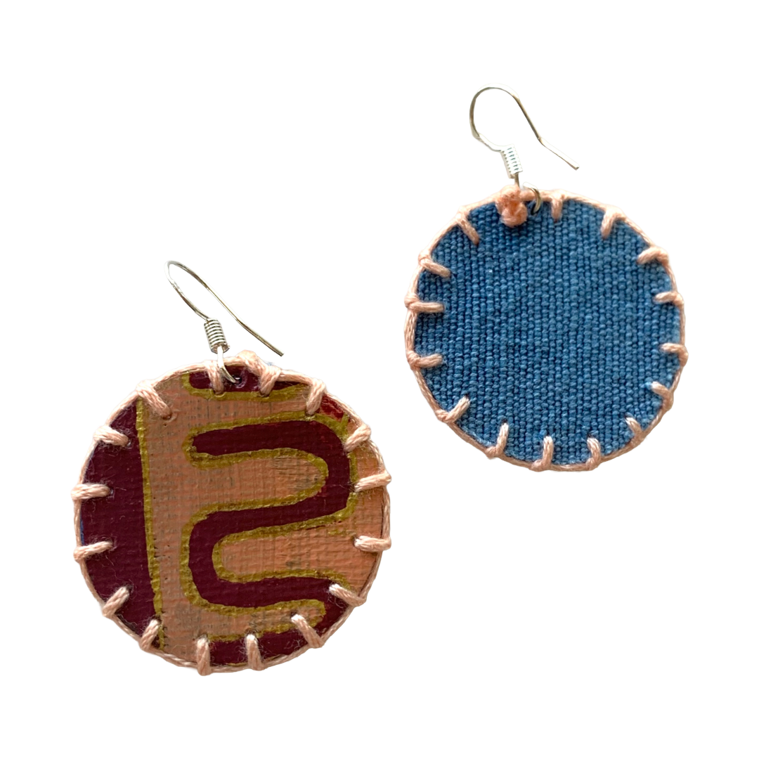 MUM’A NAI | | ‘Mini Fun – Maze of Life #2’ | Upcycled blue cotton material / acrylic on canvas / peach cotton embroidery / sterling silver hooks | 3.5 (d) cm