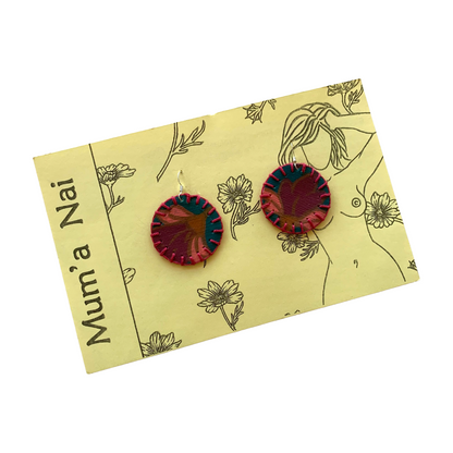 MUM’A NAI | ‘Midi Bling – Romance Me #1’ | Upcycled denim / acrylic on canvas / fuchsia cotton embroidery / sterling silver hooks | 4 (d) cm