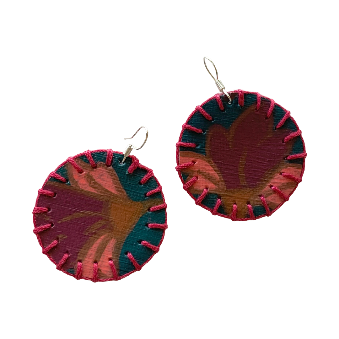 MUM’A NAI | ‘Midi Bling – Romance Me #1’ | Upcycled denim / acrylic on canvas / fuchsia cotton embroidery / sterling silver hooks | 4 (d) cm