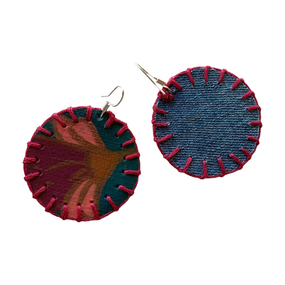 MUM’A NAI | ‘Midi Bling – Romance Me #1’ | Upcycled denim / acrylic on canvas / fuchsia cotton embroidery / sterling silver hooks | 4 (d) cm