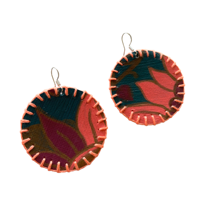 MUM’A NAI | ‘Adored Discoid – Romance Me #1’ | Upcycled denim / acrylic on canvas / pink cotton embroidery / sterling silver hooks | 5 (d) cm