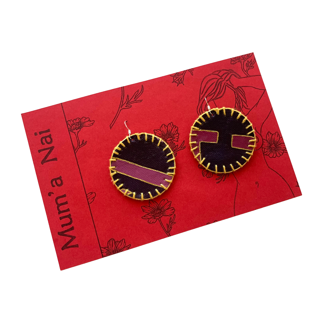 MUM’A NAI | ‘Adored Discoid – Peppy Purple #1’ | Upcycled denim / acrylic on canvas / gold cotton embroidery / sterling silver hooks | 5 (d) cm