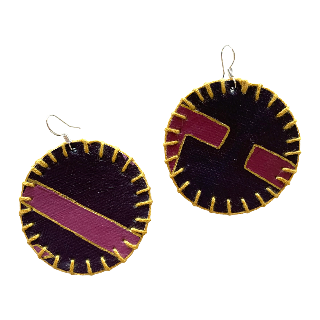 MUM’A NAI | ‘Adored Discoid – Peppy Purple #1’ | Upcycled denim / acrylic on canvas / gold cotton embroidery / sterling silver hooks | 5 (d) cm