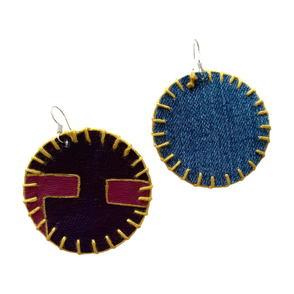 MUM’A NAI | ‘Adored Discoid – Peppy Purple #1’ | Upcycled denim / acrylic on canvas / gold cotton embroidery / sterling silver hooks | 5 (d) cm