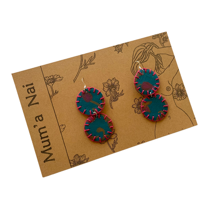 MUM’A NAI | ‘Two’s Trouble – Romance Me #1’ | Upcycled mustard corduroy / acrylic on canvas / fuchsia cotton embroidery / sterling silver hooks | 6.5 (h) x 3.5 (w) cm