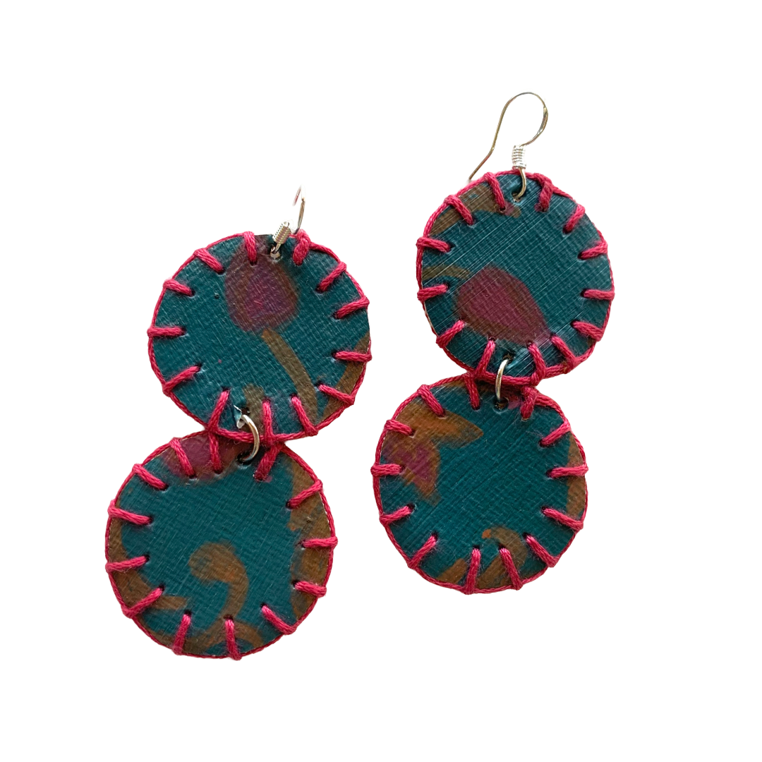 MUM’A NAI | ‘Two’s Trouble – Romance Me #1’ | Upcycled mustard corduroy / acrylic on canvas / fuchsia cotton embroidery / sterling silver hooks | 6.5 (h) x 3.5 (w) cm