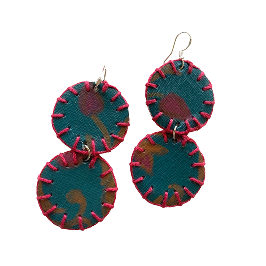 MUM’A NAI | ‘Two’s Trouble – Romance Me #1’ | Upcycled mustard corduroy / acrylic on canvas / fuchsia cotton embroidery / sterling silver hooks | 6.5 (h) x 3.5 (w) cm