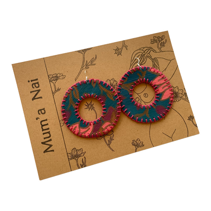 MUM’A NAI | ‘Dazzling Donuts – Romance Me #1’ | Upcycled mustard corduroy / acrylic on canvas / fuchsia cotton embroidery / sterling silver hooks | 7 (d) cm