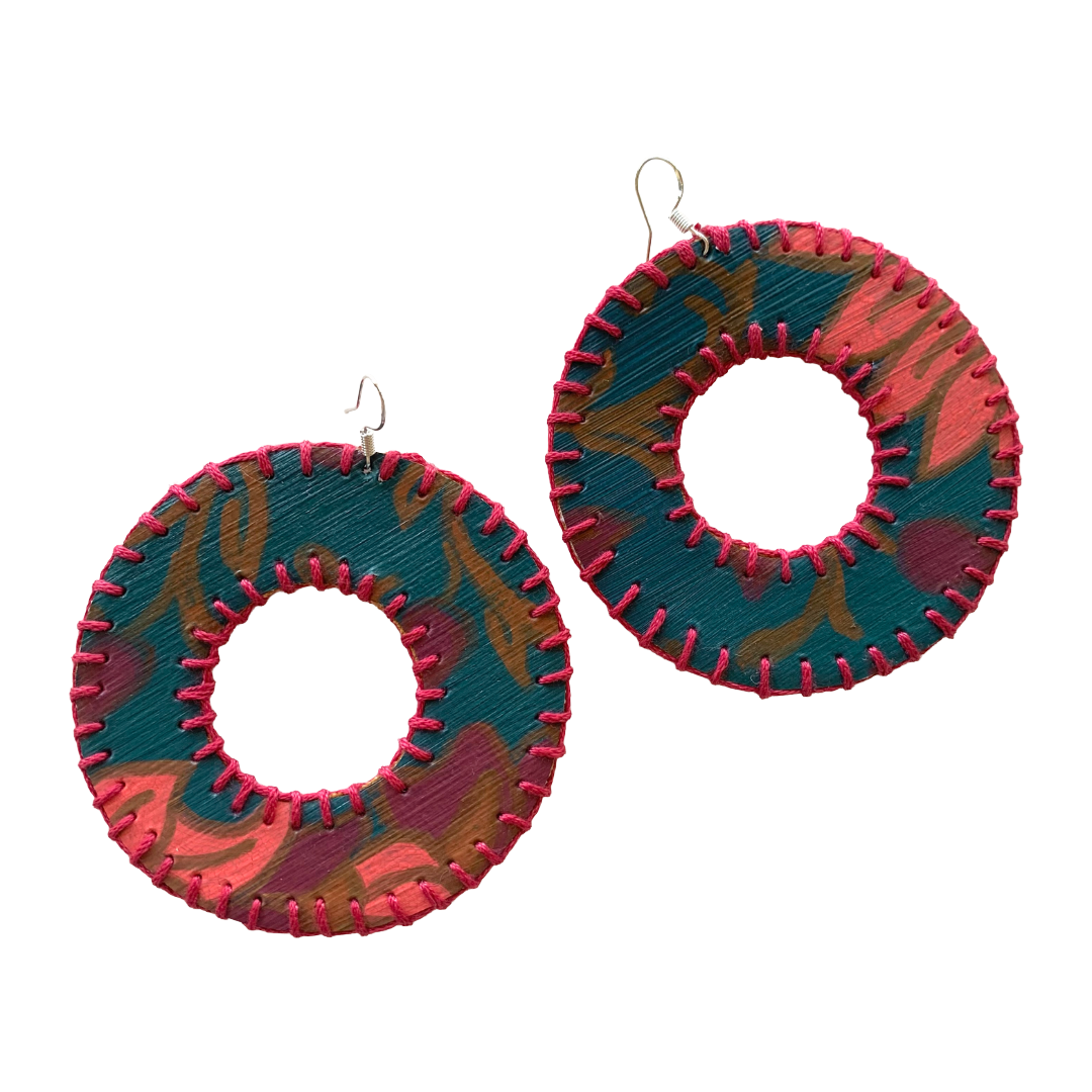 MUM’A NAI | ‘Dazzling Donuts – Romance Me #1’ | Upcycled mustard corduroy / acrylic on canvas / fuchsia cotton embroidery / sterling silver hooks | 7 (d) cm