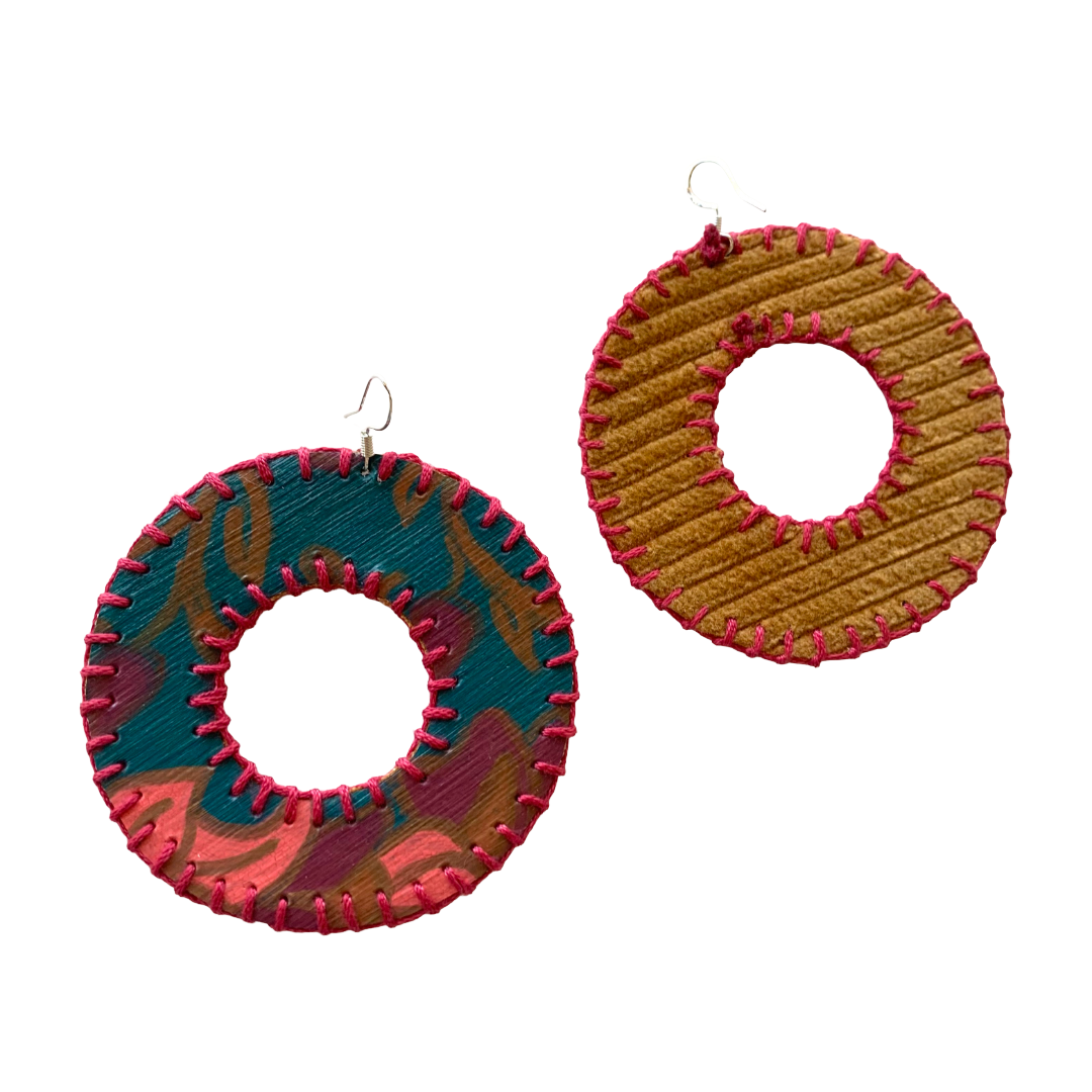 MUM’A NAI | ‘Dazzling Donuts – Romance Me #1’ | Upcycled mustard corduroy / acrylic on canvas / fuchsia cotton embroidery / sterling silver hooks | 7 (d) cm