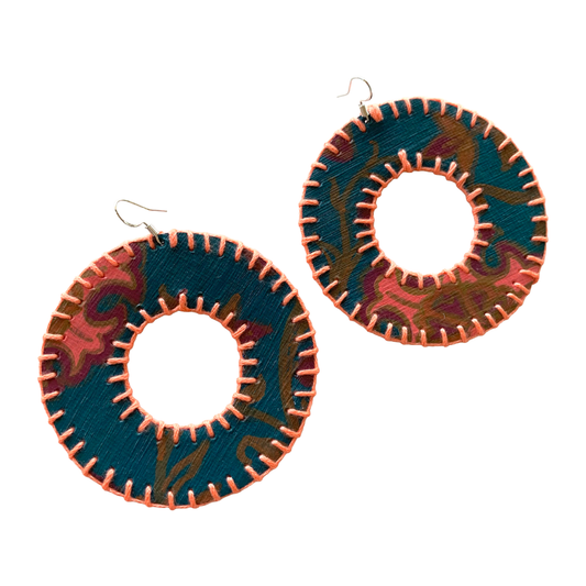 MUM’A NAI | ‘Dazzling Donuts – Romance Me #2’ | Upcycled denim / acrylic on canvas / pink cotton embroidery / sterling silver hooks | 7 (d) cm