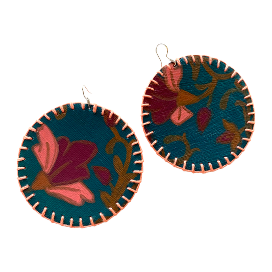 MUM’A NAI | ‘Colossal Charms – Romance Me #1’ | Upcycled denim / acrylic on canvas / pink cotton embroidery / sterling silver hooks | 7 (d) cm