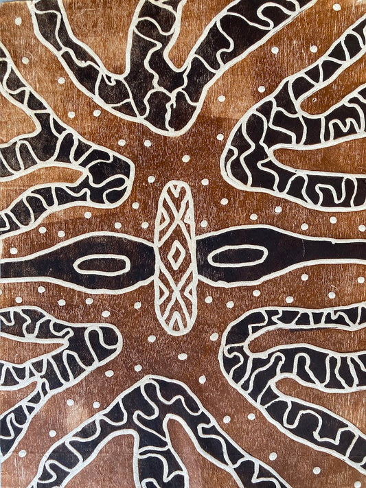 NAPOLEAN OUI | 'Rainforest Shield Design Wabarr gabay-barra  | Hunting for termites (white ants) II' | Woodblock print