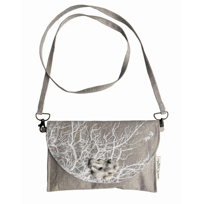 JUST BEE DESIGNS | ‘Coral’ Art Clutch / Shoulder Bag | Removable Strap | Pure linen / handprinted | Natural Coral