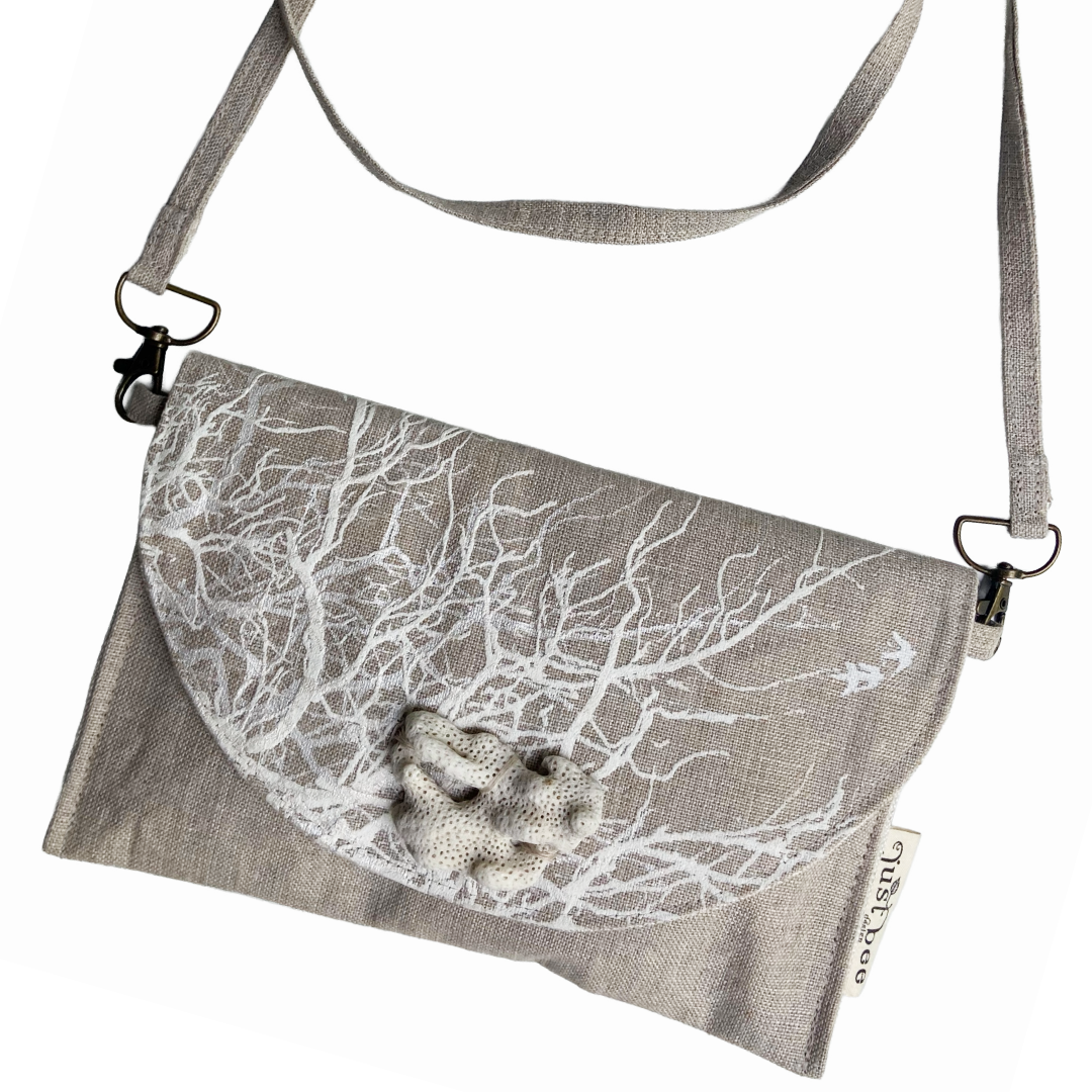JUST BEE DESIGNS | ‘Coral’ Art Clutch / Shoulder Bag | Removable Strap | Pure linen / handprinted | Natural Coral