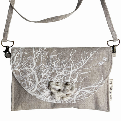 JUST BEE DESIGNS | ‘Coral’ Art Clutch / Shoulder Bag | Removable Strap | Pure linen / handprinted | Natural Coral