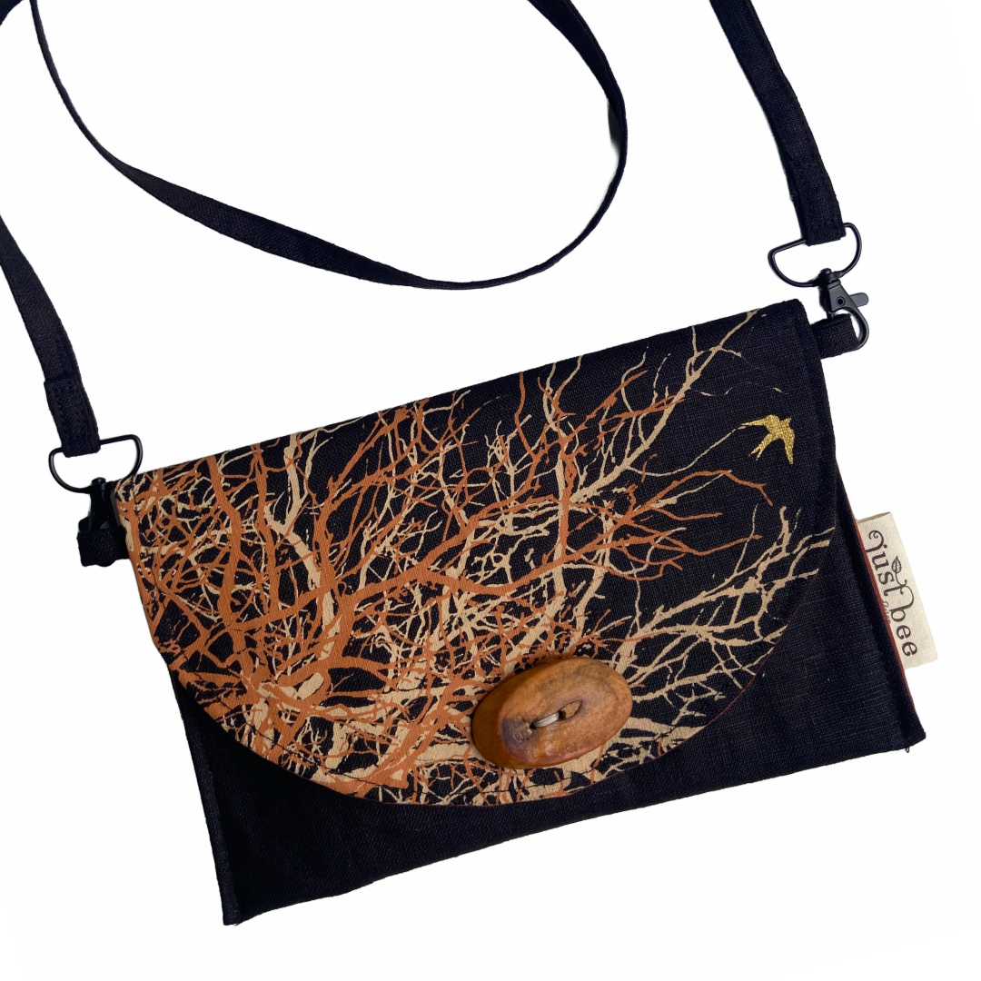 JUST BEE DESIGNS | ‘Golden Bird’ Art Clutch / Shoulder Bag | Removable Strap | Pure linen / handprinted