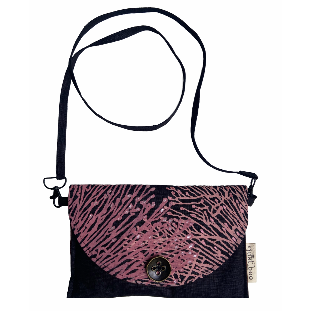 JUST BEE DESIGNS | ‘Pink Coral’ Art Clutch / Shoulder Bag | Removable Strap | Pure linen / handprinted