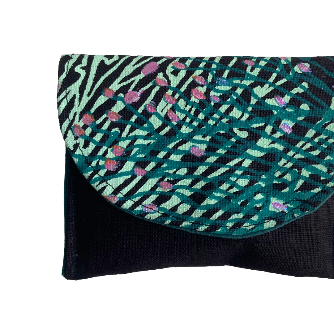 JUST BEE DESIGNS | ‘Mint + Pink Coral’ Pouchlet / Wallet’ | Pure linen / handprinted + painted