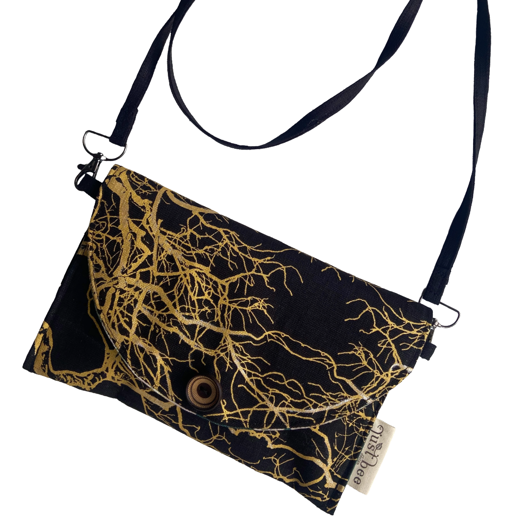 JUST BEE DESIGNS | ‘Gold Tree Branches #1’ Art Clutch / Shoulder Bag | Removable Strap | Pure linen / handprinted