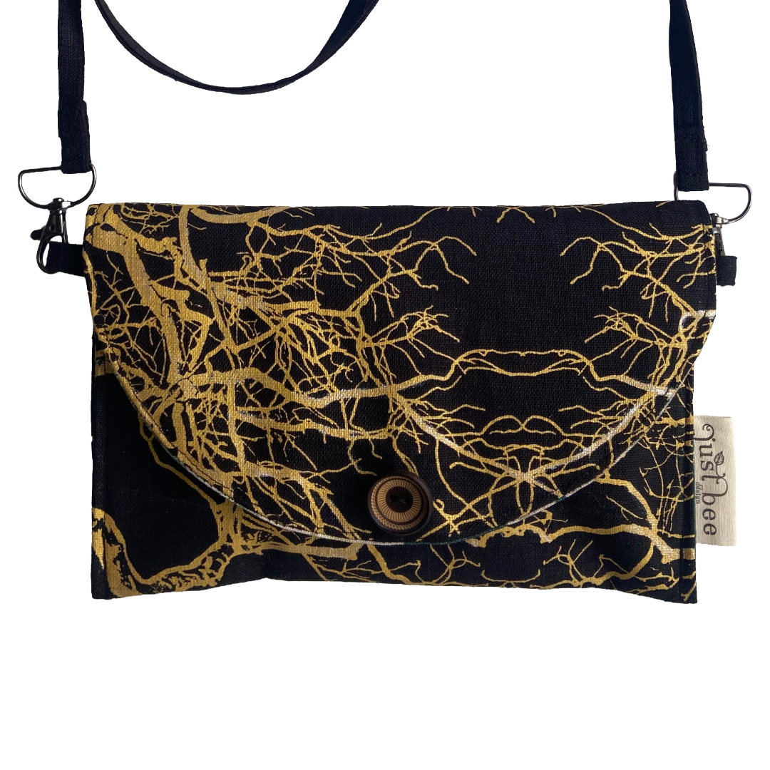 JUST BEE DESIGNS | ‘Gold Tree Branches #1’ Art Clutch / Shoulder Bag | Removable Strap | Pure linen / handprinted