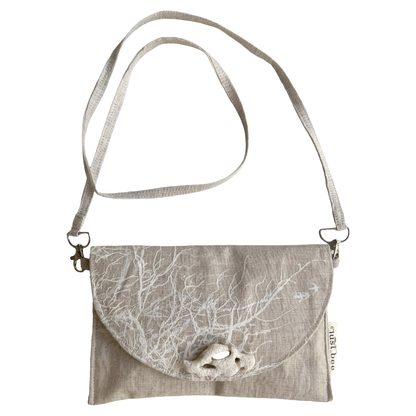 JUST BEE DESIGNS | ‘White Coral on Flax’ Art Clutch / Shoulder Bag | Removable Strap | Pure linen / handprinted